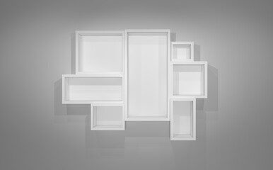 White shelves on gray wall with shadow. 3D illustration