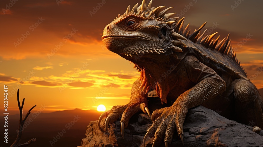 Poster a large lizard sitting on top of a rock. generative ai image.