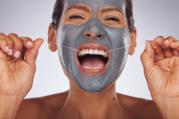 Portrait, face mask and a woman flossing teeth for skincare, dental hygiene and wellness. Happy,...
