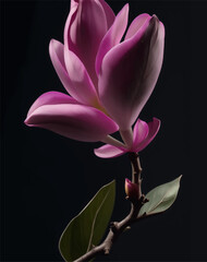 Magnolia. Realistic pink flower isolated on black background. Vector illustration