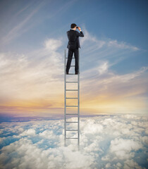 Man on a ladder high into the sky watching with binoculars