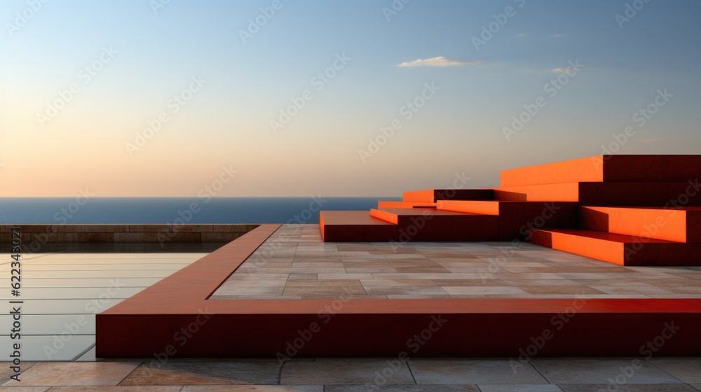 Poster a view of the ocean from the top of a building. generative ai image.
