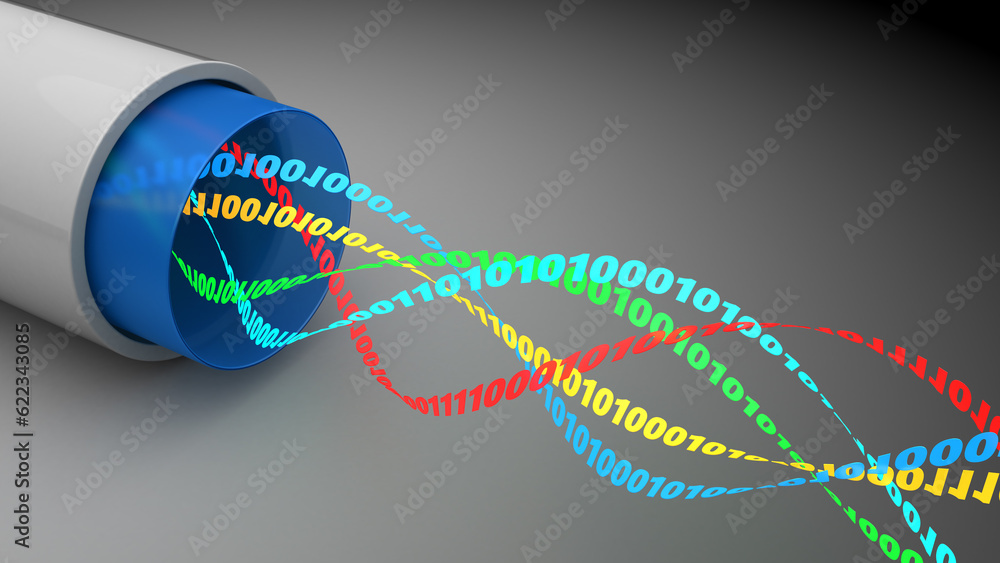 Poster abstract 3d illustration of fiber optics cable and binary data stream inside