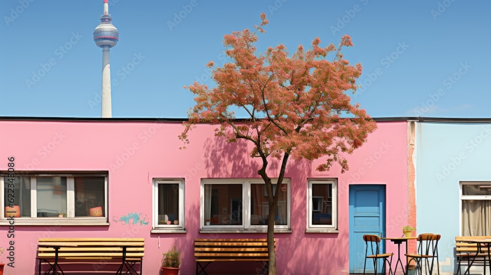 Poster A pink building with a tree in front of it. Generative AI image.