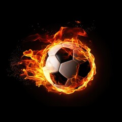 Fototapeta premium Soccer ball on fire in black background, AI generated Image