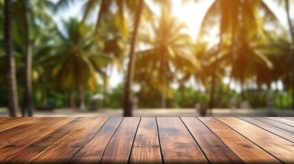 Empty wooden table top with blurred background of Palm trees