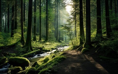 Fototapeta premium Vibrant forest, showcasing the lush foliage and towering trees, capturing the importance of preserving and appreciating our forests created with Generative AI technology