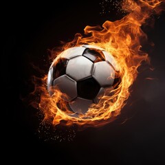 Fototapeta premium Soccer ball on fire in black background, AI generated Image