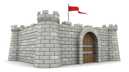 3d illustration of stone fortress with red flag, over white background