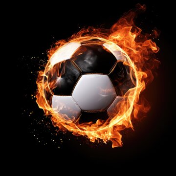 Soccer ball on fire in black background, AI generated Image