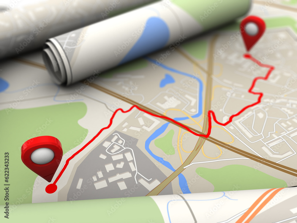 Poster 3d illustration of closeup map with navigation route