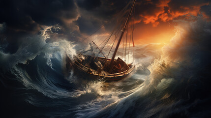 ship in the storm - obrazy, fototapety, plakaty