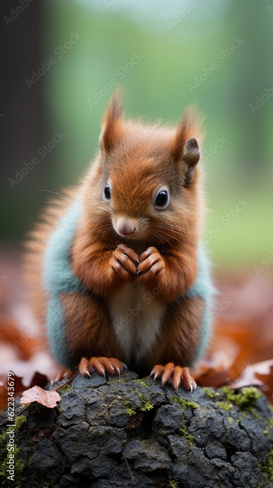 Poster a small squirrel sitting on top of a tree stump. generative ai image.