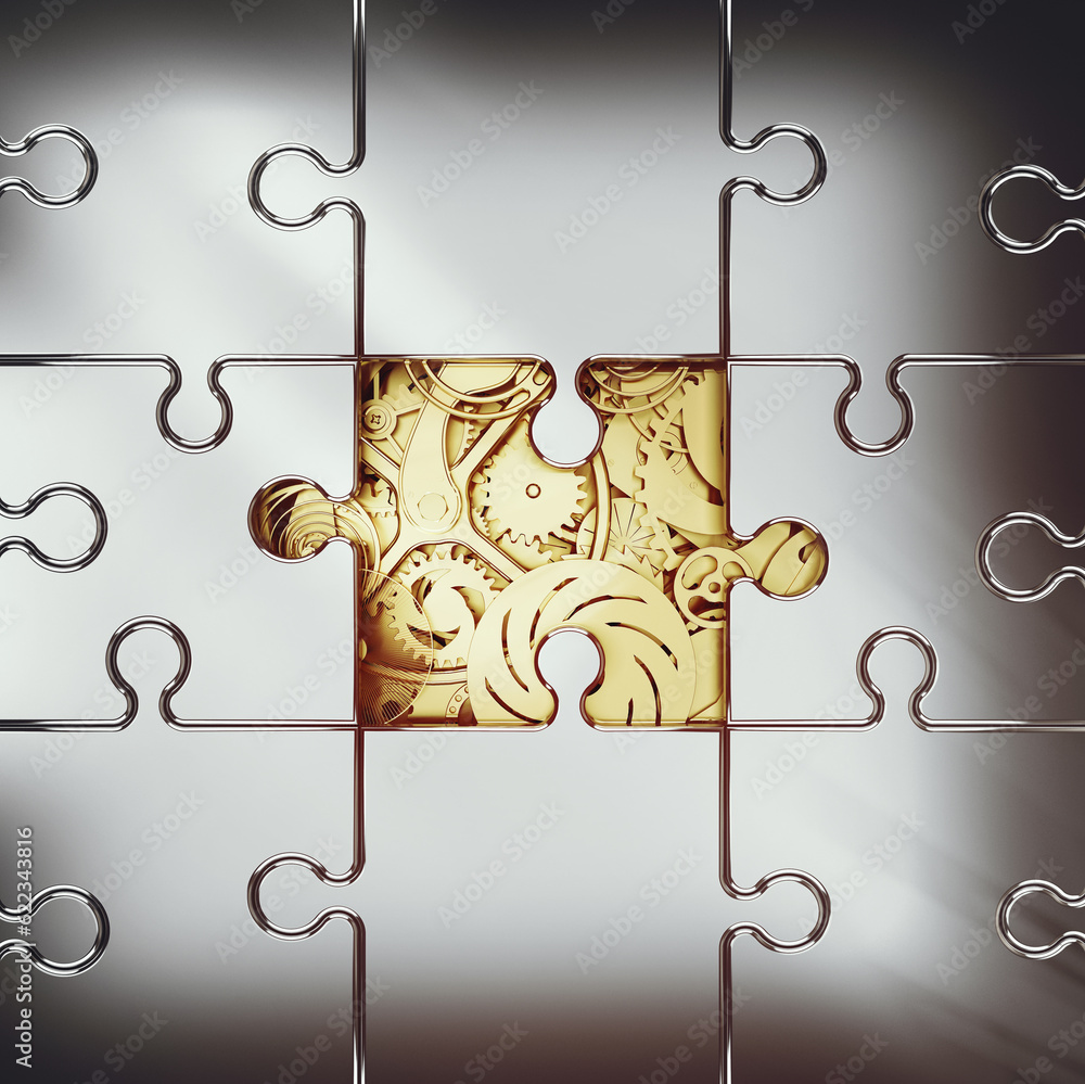 Poster 3d rendering of system of golden gear covered by a puzzle. concept of cooperation between systems