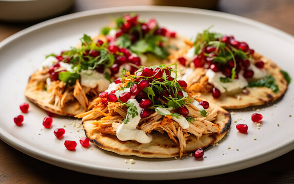 Chicken tostadas on a white plate with garnish created with Generative AI technology
