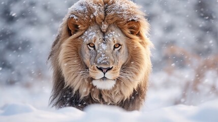 portrait of a lion in the snow
