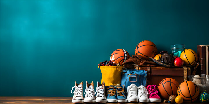 Banner with various sports equipment and shoes on blue background with copy space, blank space for text, sport concept, generated ai