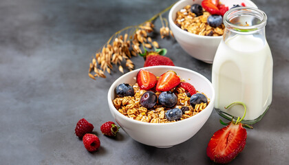 Homemade granola with milk, fresh berries, milk for breakfast. Copy space. Healthy breakfast concept. Banner
