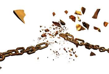 chain  golden in front of fire  breaking break chain horizontal silver broken shuttered pieces - 3d rendering