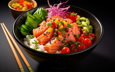 Poke bowl, featuring a variety of fresh diced fish, vibrant vegetables, and a drizzle of flavorful sauce created with Generative AI technology