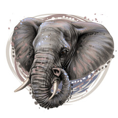 Elephant. Graphic, color portrait of an African elephant in watercolor style on a white background. Digital vector graphics.