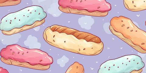 Freshly Baked Eclair Pastry Background, Horizontal Watercolor Illustration. Crusty Pastry, Gourmet Bakery. Ai Generated Soft Colored Watercolor Illustration with Aromatic Traditional Eclair Pastry.