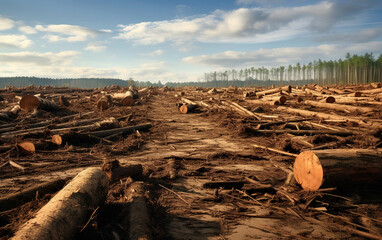 A barren landscape where a once-thriving forest stood, showcasing the devastating effects of deforestation created with Generative AI technology
