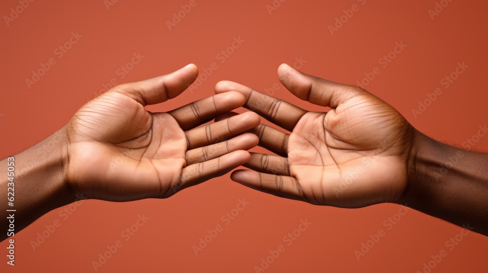 Poster a pair of hands reaching for each other. generative ai image.