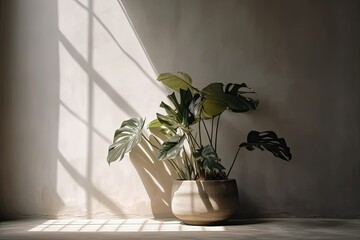 Beautiful indoor plant in a container next to a beige, empty wall, with sunlight shining in to cast shadows on the leaves. Asian, Tropical, Green, Mockup, Backdrop, Decorated with Houseplants