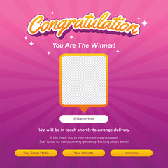 Congratulation giveaway winner announcement for social media, marketing program, or brand activation