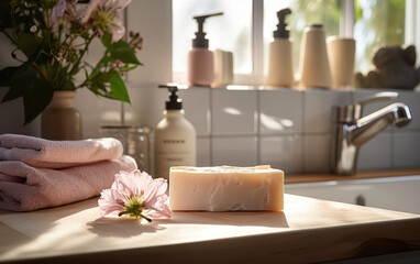 Obraz na płótnie Canvas Organic handmade soap bar next to the kitchen sink in a home setting created with Generative AI technology