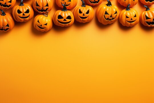 Halloween pumpkins on orange background with copy space for text.