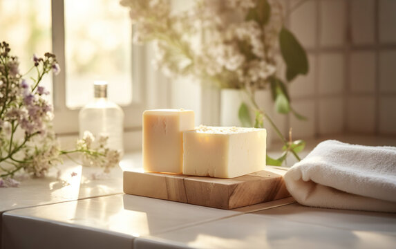 Organic handmade soap bars next to the kitchen sink in a home setting created with Generative AI technology