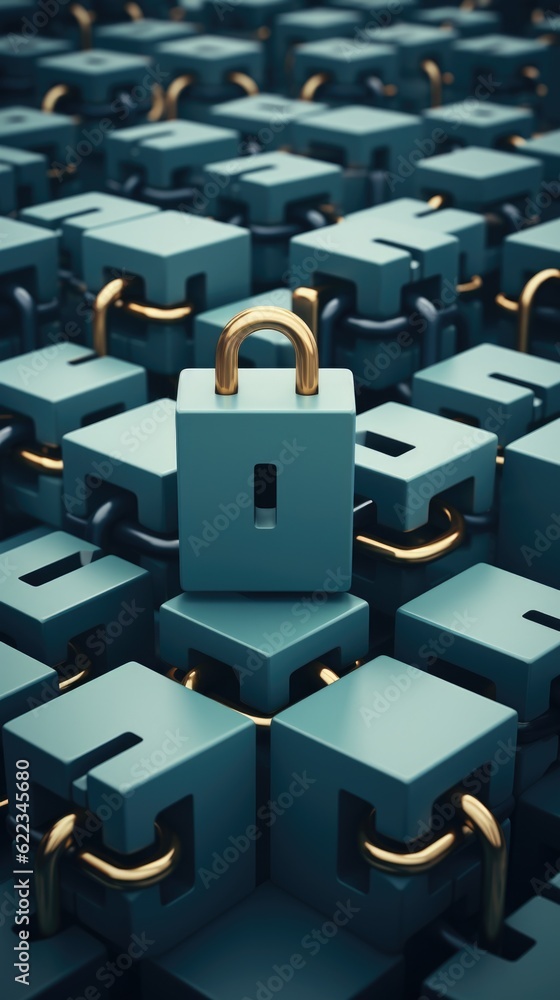 Poster a large number of blue cubes with a golden lock. generative ai image.
