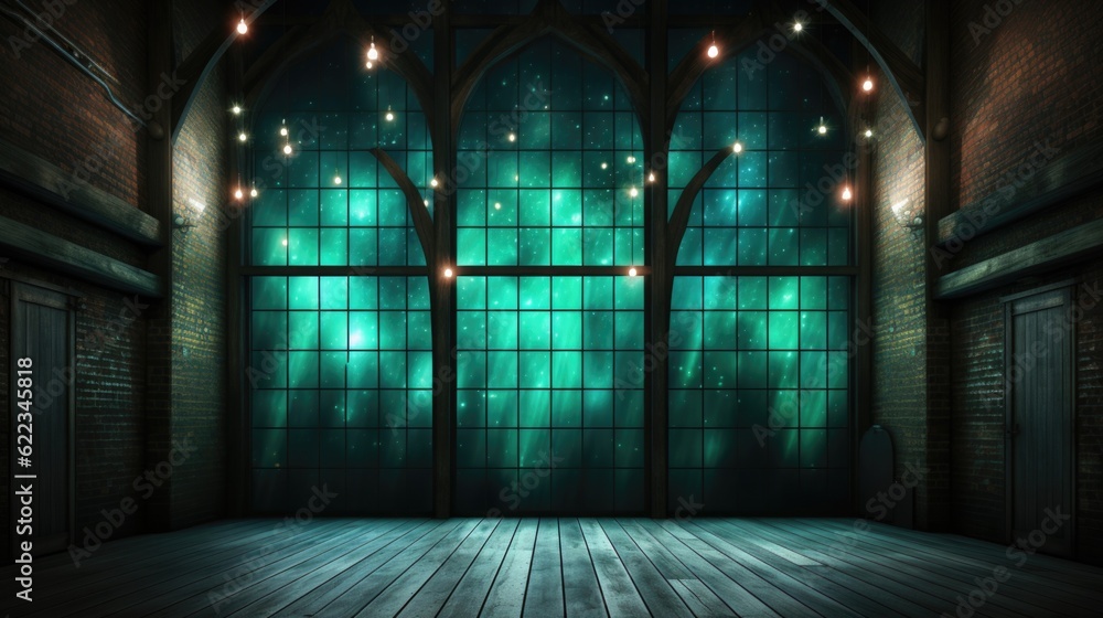 Poster a room with a large window and a wooden floor. generative ai image.