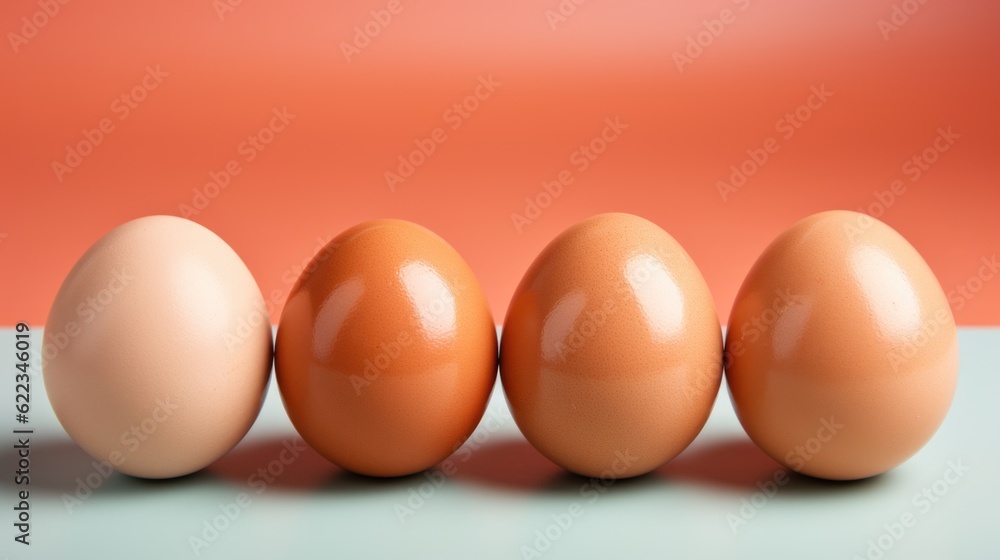 Poster a row of three eggs sitting next to each other. generative ai image.