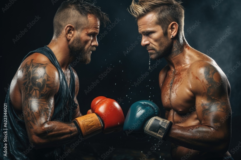 Poster two men with boxing gloves are facing each other. generative ai image.