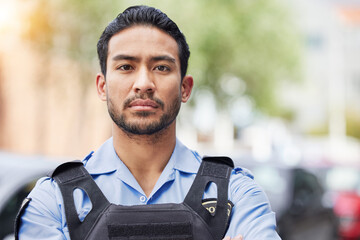 Portrait, serious police man and security guard for protection service, safety and officer patrol in city. Law enforcement, professional supervision and face of asian crime worker in uniform outdoor