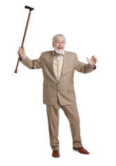 Cheerful senior man with walking cane on white background