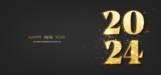 2024 greeting card with gold glitter numbers on dark background. Happy new year and merry christmas flyer or poster design.