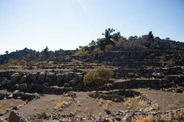 The extraordinary nature of Turkey, old ruins made of stones, mountains, forests. The beauty of perennial nature.