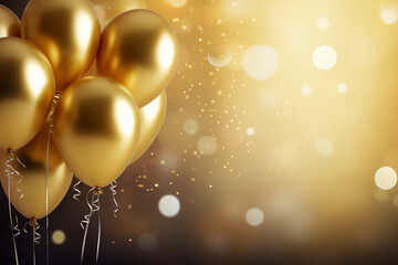 Gold balloons with ribbons on bokeh background