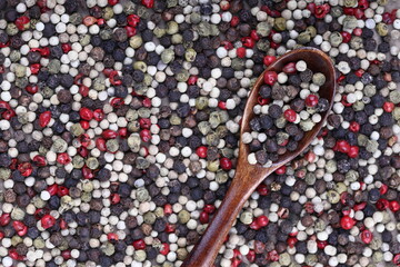 Red and black pepper peas in a wooden spoon on a white concrete, stone or slate background. view from above. close-up photo. pepper mixture