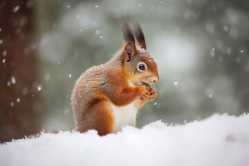 Red squirrel in the falling snow. Cute squirrel sitting in the snow covered with snowflakes. Winter background