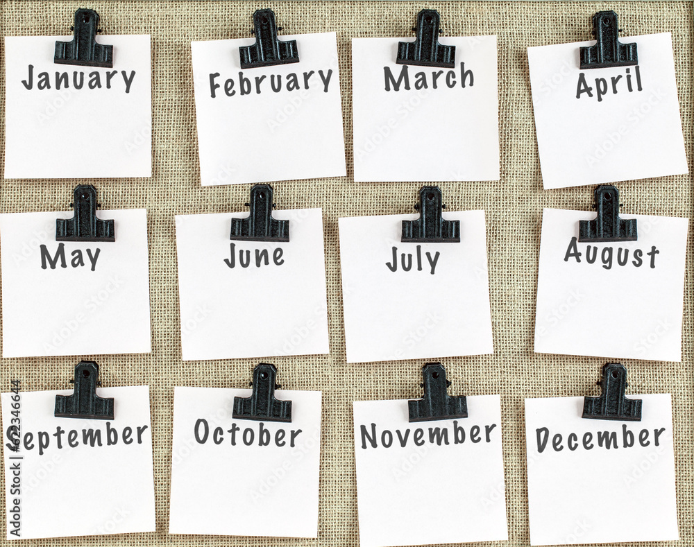 Poster notice board with twelve clips and note paper showing all months of the year. blank space for more t