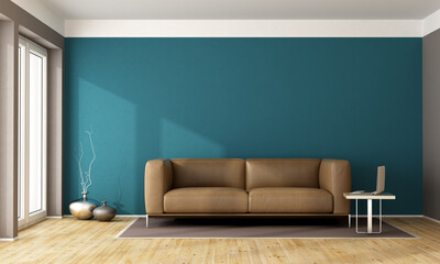 Blue contemporary living room with leather sofa and window - 3d rendering
