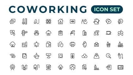 Coworking Service Vector Icons Set Collection. Coworking space office thin line icons set. Editable vector icon.