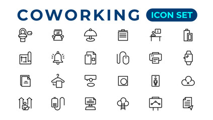 Coworking Service Vector Icons Set Collection. Coworking space office thin line icons set. Editable vector icon.