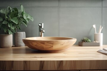 Naklejka na ściany i meble Background of interior bathroom sink and empty wooden table top. Generative AI