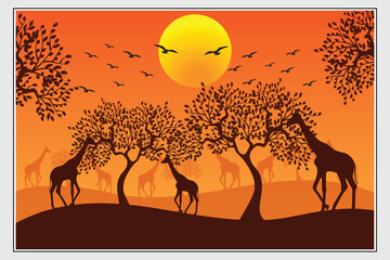 Natural background with forest silhouette with giraffe